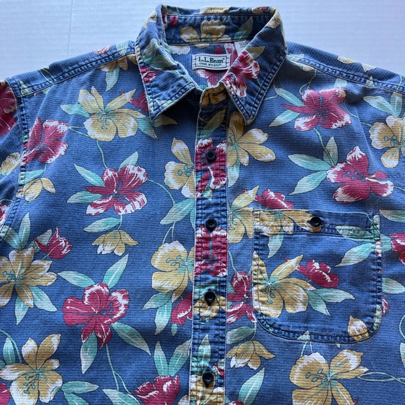 Vintage L.L. Bean Cool Weave Hawaiian Floral Print Short Sleeve Shirt M - Picture 4 of 12